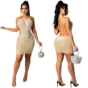 Detail of champagne bodycon dress with silver rhinestones and deep V-neck halter