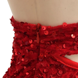 Detailed macro view of the invisible zipper and red sequins on the waist of a cocktail dress