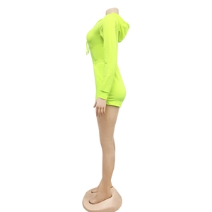 Side view of a vibrant neon yellow hooded romper with elastic waist and drawstring detail