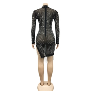 Detailed back view of mesh mini dress with rhinestones, tassels and hidden zipper