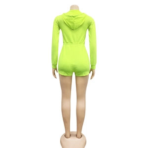 Back view of a neon green hooded long sleeve romper with an elastic waist design