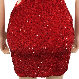 Detail of red sequin bodycon dress featuring shimmering round sequins and slim fit cut