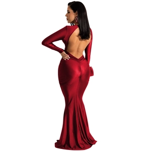 Detail of red backless V-neck maxi dress with silky metallic shine and slim fit mermaid cut