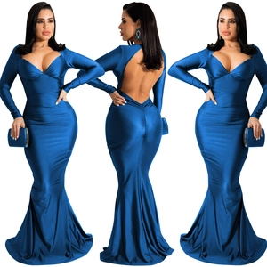 Three views showing the deep V-neck, open back, and mermaid hem of the royal blue gown