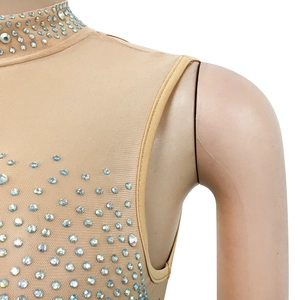 Detail view of skin-colored mesh bodysuit with shimmering rhinestones and high neckline