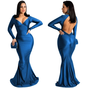 Front and back view of elegant navy blue V-neck backless fishtail maxi evening dress