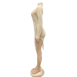 Detail of nude mesh dress with white pearls, rhinestones and fringe tassels on the hemline