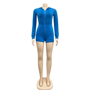 Detail of royal blue long sleeve hooded romper with front zipper and elastic waist