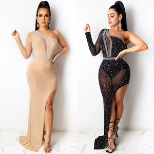 Women Sexy Rhinestone Mesh Perspective One Shoulder Maxi Dress Asymmetrical Slit Bodycon Evening Party Nightclub Long Gown
