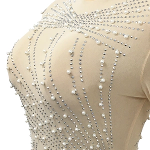 Detail of mesh dress featuring intricate white pearls and sparkling silver rhinestones