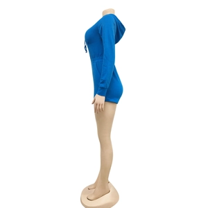 Side view of royal blue long sleeve hooded jumpsuit featuring ribbed cuffs and elastic waist