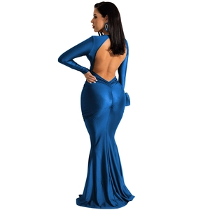 Detail of royal blue backless maxi dress in shiny satin fabric with long sleeves
