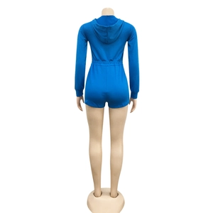 Rear view of blue long-sleeved hooded romper with elastic waist on white background