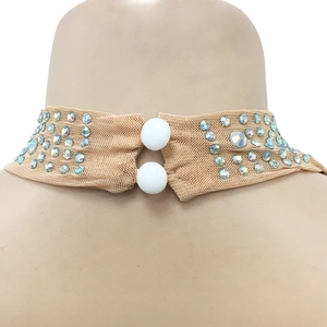 Macro view of mesh collar with light blue rhinestones and double button closure on back