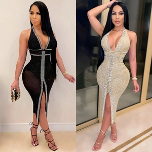 Damen Sexy Neckholder Mesh Durchsichtig Strass Etuikleid Midi Elegant Party Rückenfrei Hoher Schlitz Nachtclub Slim Fit Kleid