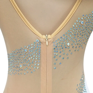 Macro shot of back V-neck design with rhinestones and hidden zipper on mesh jumpsuit