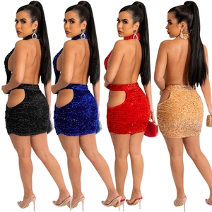Halter backless sequin mini dress with side cut-outs in black red blue and gold