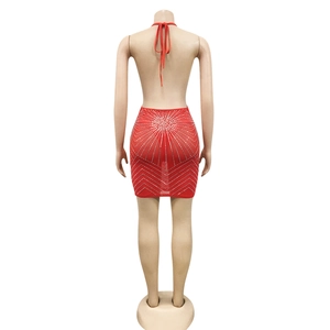 Detailed back view of red mesh dress with halter neck and sparkling rhinestone patterns