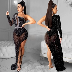 Sexy black asymmetrical mesh midi dress with silver rhinestones for evening parties