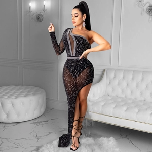Sexy black one-shoulder mesh maxi dress with silver rhinestones and high slit