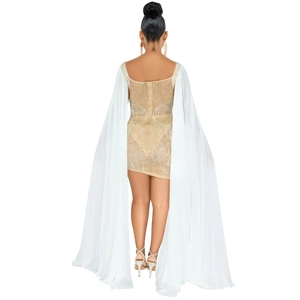 Sexy mesh bodycon dress with silver rhinestones and long floor-length sheer cape sleeves