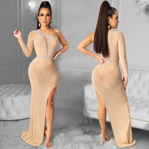 Elegant one-shoulder mesh dress with silver rhinestones and high slit for formal evening party