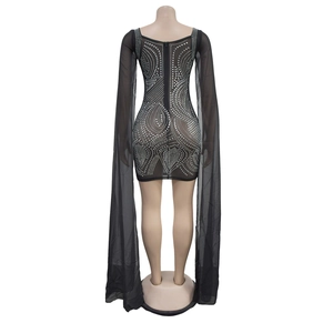 Detail view of the back of a black mesh dress with silver rhinestones and long train sleeves