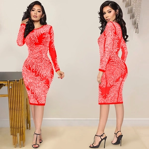 Elegant red bodycon dress with white rhinestones and feather patterns for evening parties