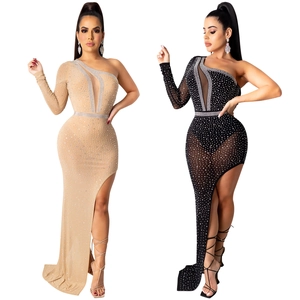 Detail of single-shoulder rhinestone evening dress with mesh splice and high side slit