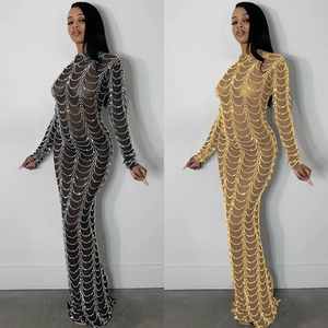 Sexy Mesh See Through Rhinestone Maxi Dress For Women Elegant Long Sleeve Slim Fit Club Party Evening Gown Long Dress