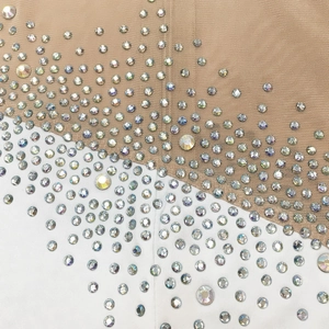 Detailed macro shot of shimmering AB rhinestones on sheer mesh and white knit fabric
