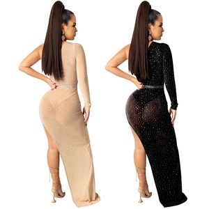Sheer mesh one-shoulder evening gown with shimmering rhinestones and high side slit
