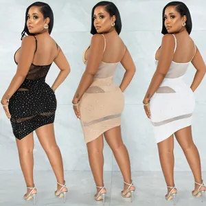 Three-color display of bodycon mini dresses with mesh patchwork and sparkling rhinestones