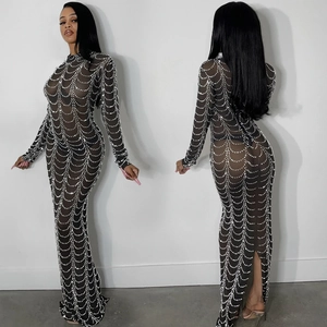 Sexy black sheer mesh long sleeve maxi dress with sparkling rhinestones and pearls