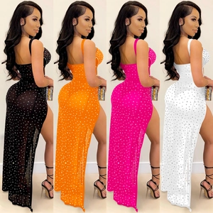 Detail showcasing mesh rhinestone sexy split maxi dress in four vibrant color options