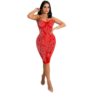 Detail van rode bodycon-jurk met witte paisley strass-steentjes en mesh-stof inzetstukken