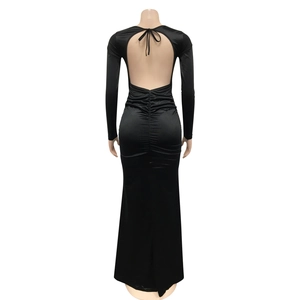 Elegant backless black satin maxi dress with ruched details and a deep V-neckline