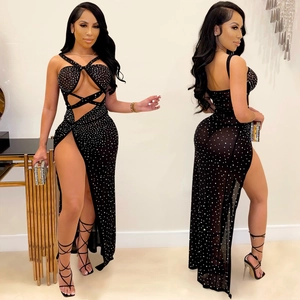 Sexy black mesh dress with rhinestones featuring high slit and cutout party design