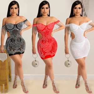 Women Sexy Mesh Rhinestone Bodycon Mini Dress Off Shoulder Hollow Out Tassel Fringe Party Evening Dress