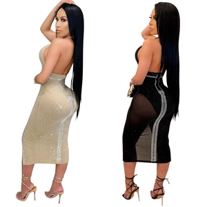 Sexy rückenfreies Bodycon-Netzkleid mit Strasssteinen in Schwarz und Champagner