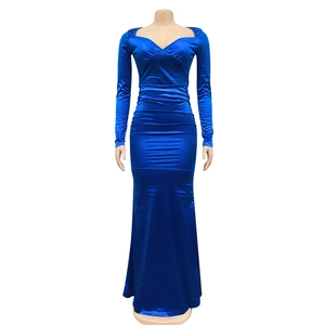 Detail of elegant navy blue satin evening dress featuring pleated V-neck and ruched waistline