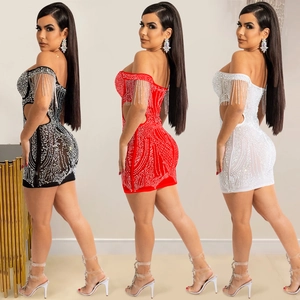 Detailed comparison of mesh mini dresses in black, red, and white with rhinestone tassels