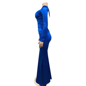 Detail of royal blue satin mermaid dress with elegant lace-up open back design