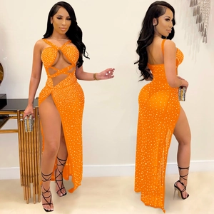 Sexy orange mesh maxi dress with rhinestones featuring cut-out design and high side slit