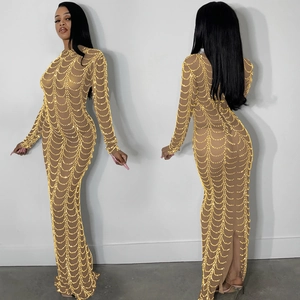 Elegant gold beaded sheer mesh maxi dress with long sleeves for party and club wear