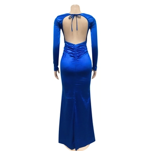 Detail of royal blue satin backless maxi dress with cross-tie and ruched lifting detail