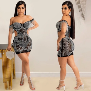 Sexy black off-shoulder rhinestone dress with shimmering tassels and side cutouts