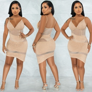 Sexy nude mesh bodycon mini dress with rhinestones and deep V-neck for party wear