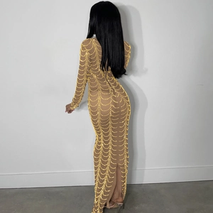 Back view of a sheer long-sleeve evening dress with golden chain patterns and slim fit