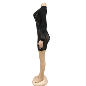 Detail of sheer black mesh sleeves and side panels with sparkling silver rhinestones